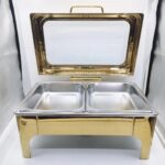 9l luxurious gold stainless steel rectangular chaffing dish. with automatic lid buffet display food warmer set. fuel/alcohol operated