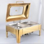 9l luxurious gold stainless steel rectangular chaffing dish. with automatic lid buffet display food warmer set. comes with fuel/alcohol holder (curved lid)
